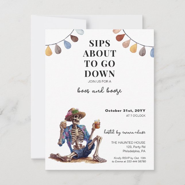 Halloween Boos and Booze adult Party skeleton Announcement (Front)