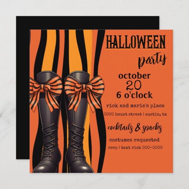 Halloween Boots and Bows in Orange and Black Party Invitation (Front/Back)