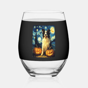 Halloween Border Collie Fall Pumpkin Stemless Wine Glass