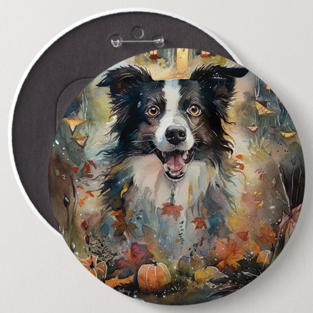 Halloween Border Collie With Pumpkins Scary 6 Cm Round Badge (Front & Back)