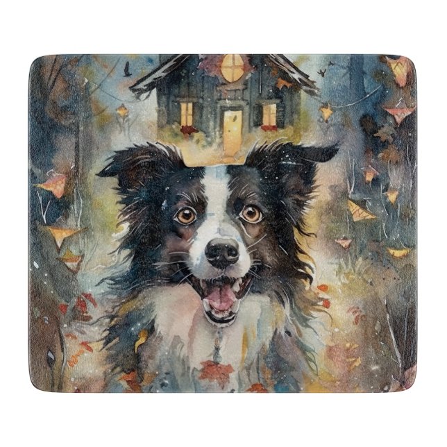 Halloween Border Collie With Pumpkins Scary Cutting Board (Front)