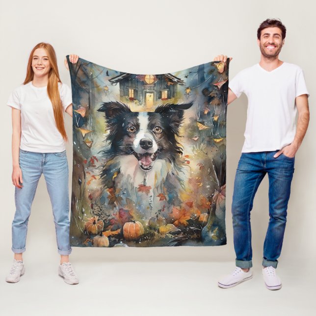 Halloween Border Collie With Pumpkins Scary Fleece Blanket (In Situ)