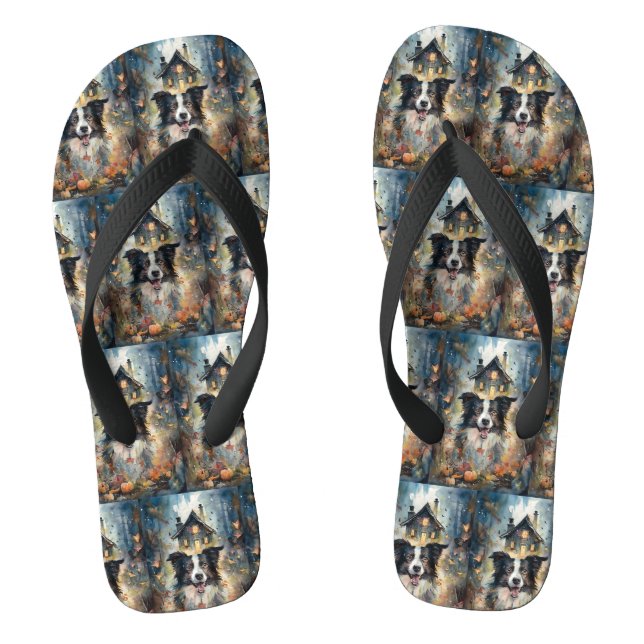 Halloween Border Collie With Pumpkins Scary Flip Flops (Footbed)