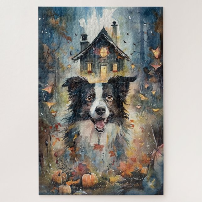 Halloween Border Collie With Pumpkins Scary Jigsaw Puzzle (Vertical)