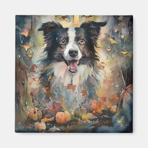 Halloween Border Collie With Pumpkins Scary Magnet