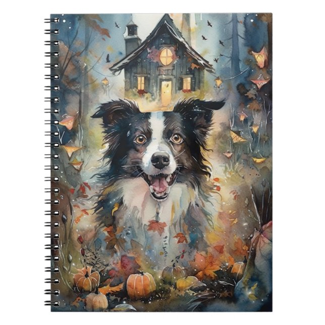 Halloween Border Collie With Pumpkins Scary Notebook (Front)