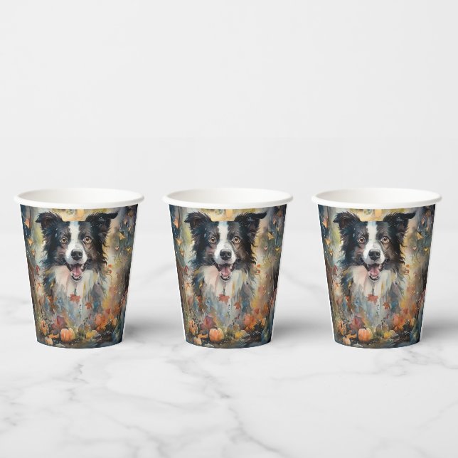 Halloween Border Collie With Pumpkins Scary Paper Cups (Multi)