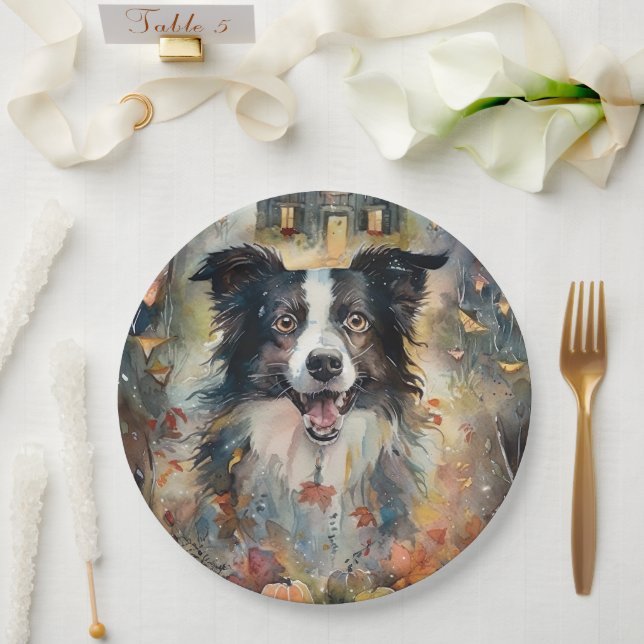 Halloween Border Collie With Pumpkins Scary Paper Plate (Wedding)
