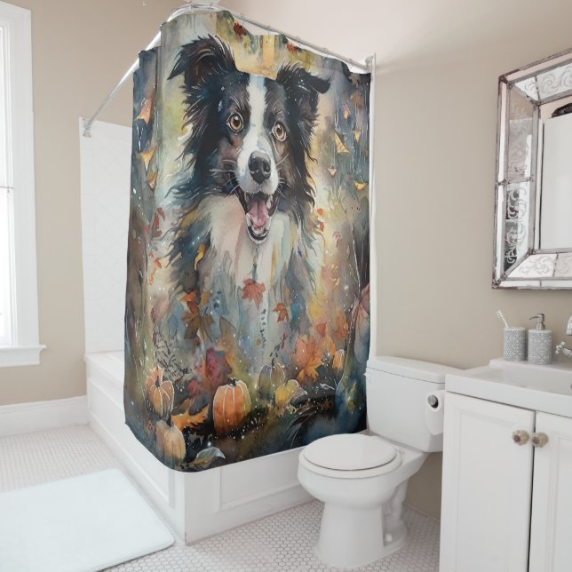 Halloween Border Collie With Pumpkins Scary Shower Curtain (In Situ)