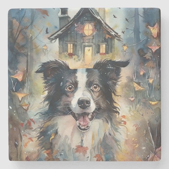 Halloween Border Collie With Pumpkins Scary Stone Coaster (Front)