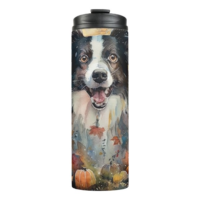 Halloween Border Collie With Pumpkins Scary Thermal Tumbler (Front)