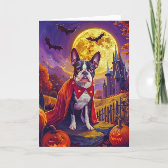 Halloween Boston Terrier Dog Pumpkins Scary  Card (Front)