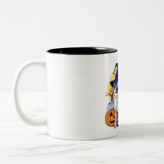 Halloween Boston Terrier Pumpkin Witch Two-Tone Coffee Mug (Left)