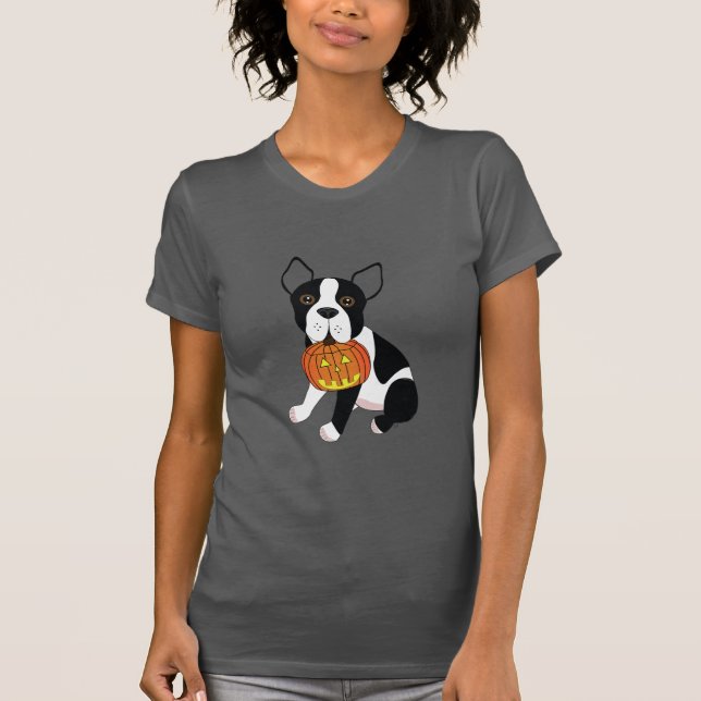 Halloween Boston Terrier with Jack O' Lantern T-Shirt (Front)