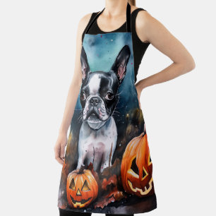 Halloween Boston Terrier With Pumpkins Scary  Apron