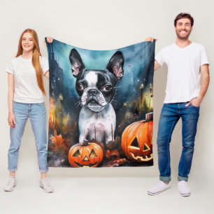Halloween Boston Terrier With Pumpkins Scary  Fleece Blanket