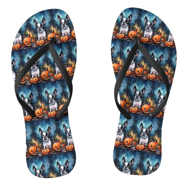 Halloween Boston Terrier With Pumpkins Scary  Flip Flops (Footbed)