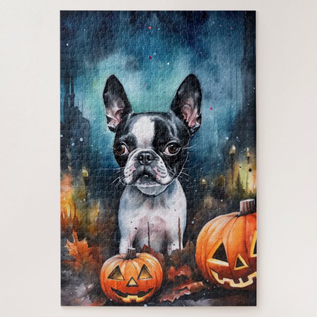Halloween Boston Terrier With Pumpkins Scary  Jigsaw Puzzle (Vertical)