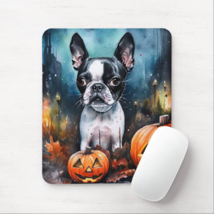 Halloween Boston Terrier With Pumpkins Scary  Mouse Mat