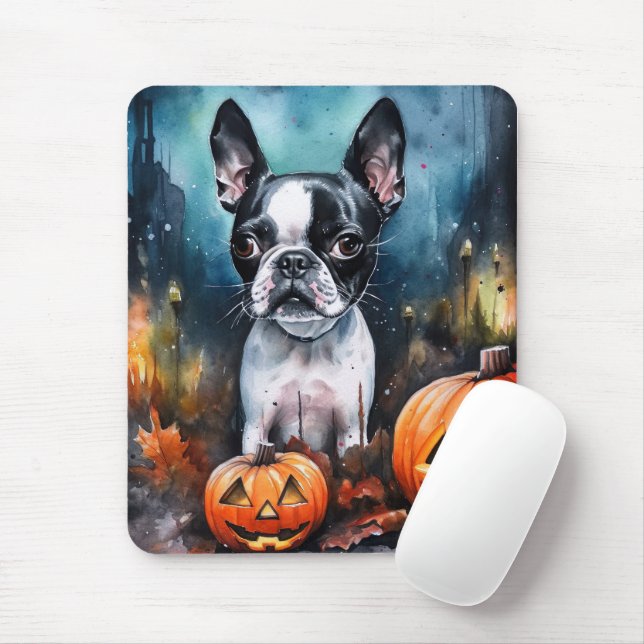 Halloween Boston Terrier With Pumpkins Scary  Mouse Mat (With Mouse)
