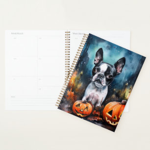 Halloween Boston Terrier With Pumpkins Scary  Planner