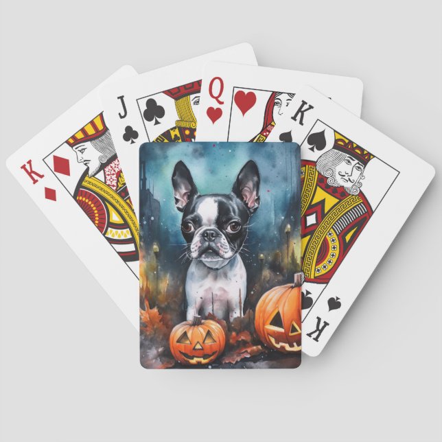 Halloween Boston Terrier With Pumpkins Scary  Playing Cards (Back)