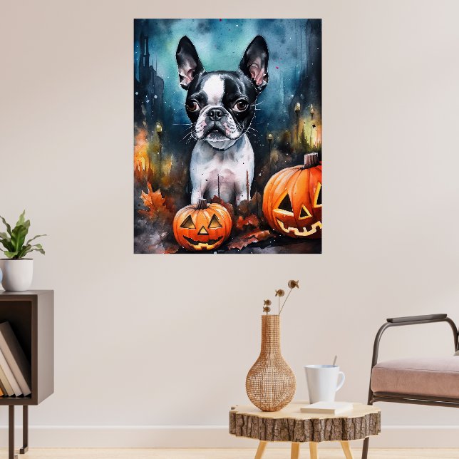 Halloween Boston Terrier With Pumpkins Scary  Poster (Living Room 3)