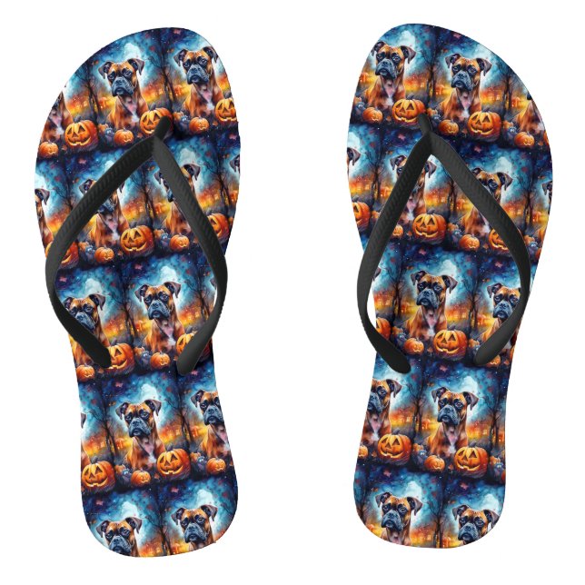 Halloween Boxer With Pumpkins Scary Flip Flops (Footbed)