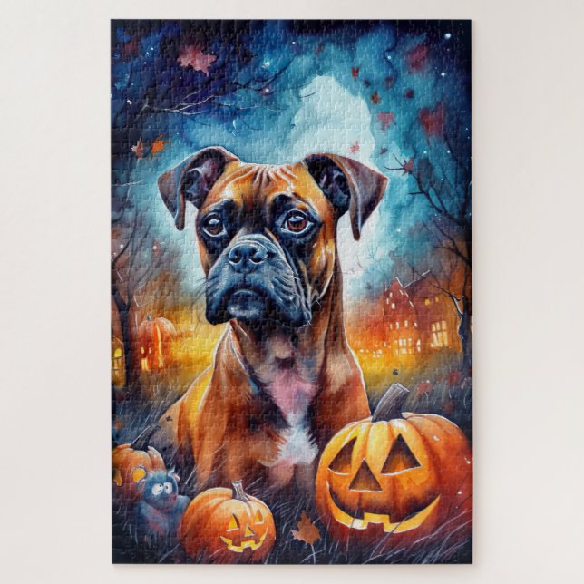 Halloween Boxer With Pumpkins Scary Jigsaw Puzzle (Vertical)