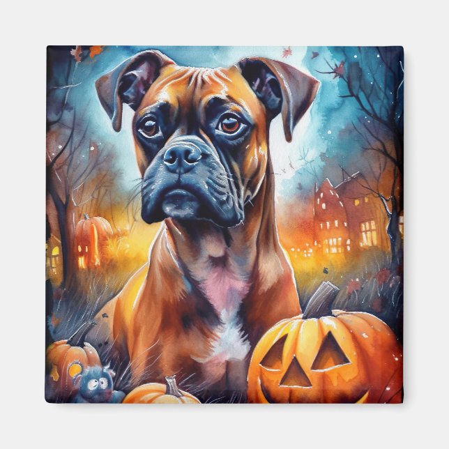 Halloween Boxer With Pumpkins Scary Magnet (Front)