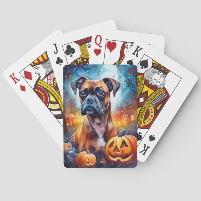 Halloween Boxer With Pumpkins Scary Playing Cards (Back)