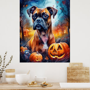 Halloween Boxer With Pumpkins Scary Poster