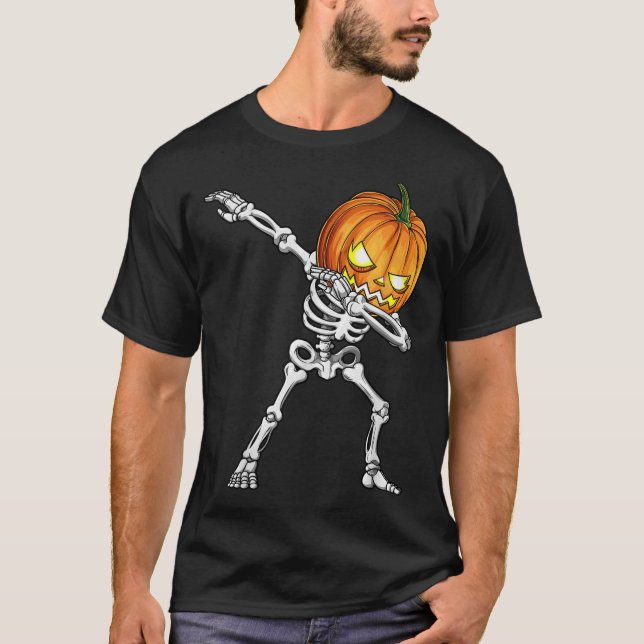 Halloween Boys Dabbing Skeleton Scary Pumpkin Jack T-Shirt (Front)
