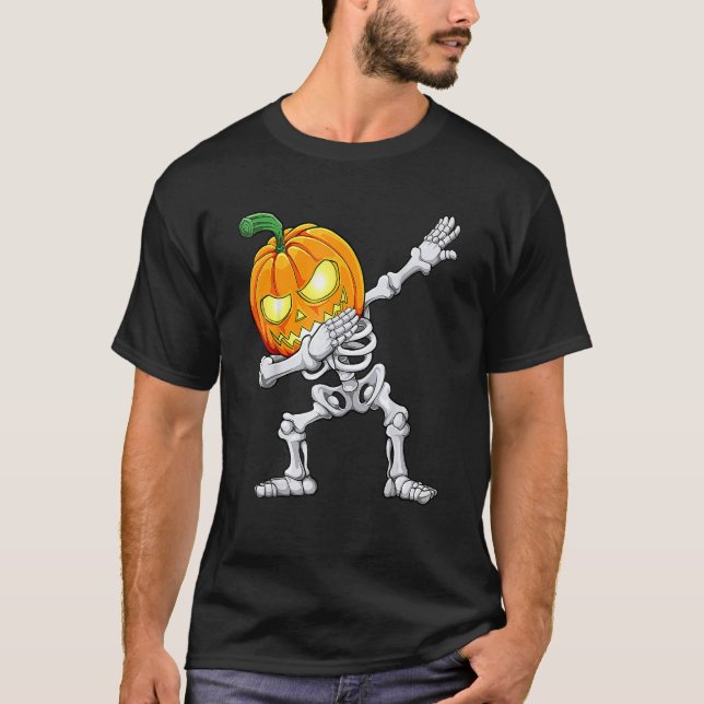 Halloween Boys Dabbing Skeleton Scary Pumpkin Jack T-Shirt (Front)