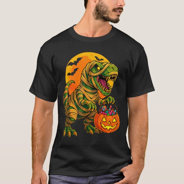 Halloween Boys Dinosaur Mummy T Rex Y Pumpkin Moon T-Shirt (Front)