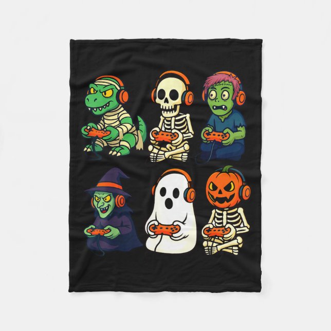 Halloween Boys Kids Gamer Dinosaur Skeleton Ghost  Fleece Blanket (Front)