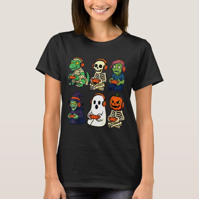 Halloween Boys Kids Gamer Dinosaur Skeleton Ghost  T-Shirt (Front)