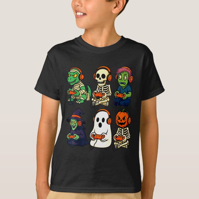 Halloween Boys Kids Gamer Dinosaur Skeleton Ghost  T-Shirt (Front)