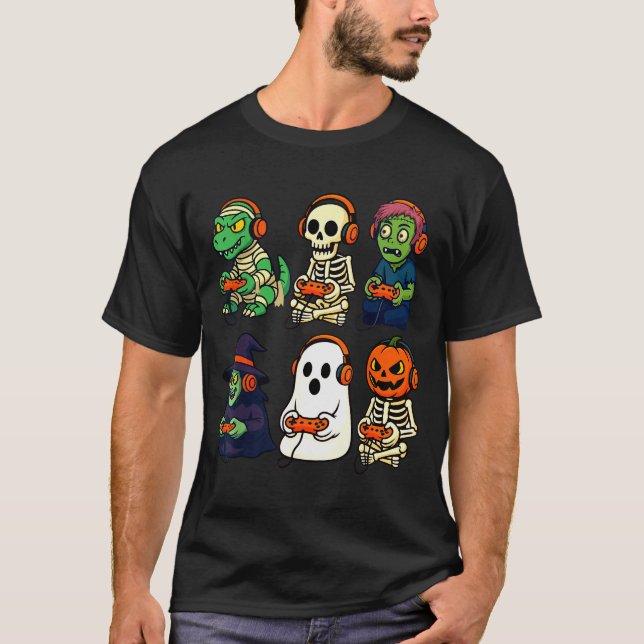 Halloween Boys Kids Gamer Dinosaur Skeleton Ghost  T-Shirt (Front)