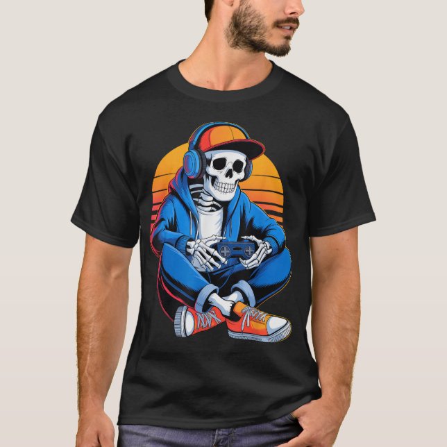 Halloween Boys Men Kids Skeleton Video Gaming  T-Shirt (Front)