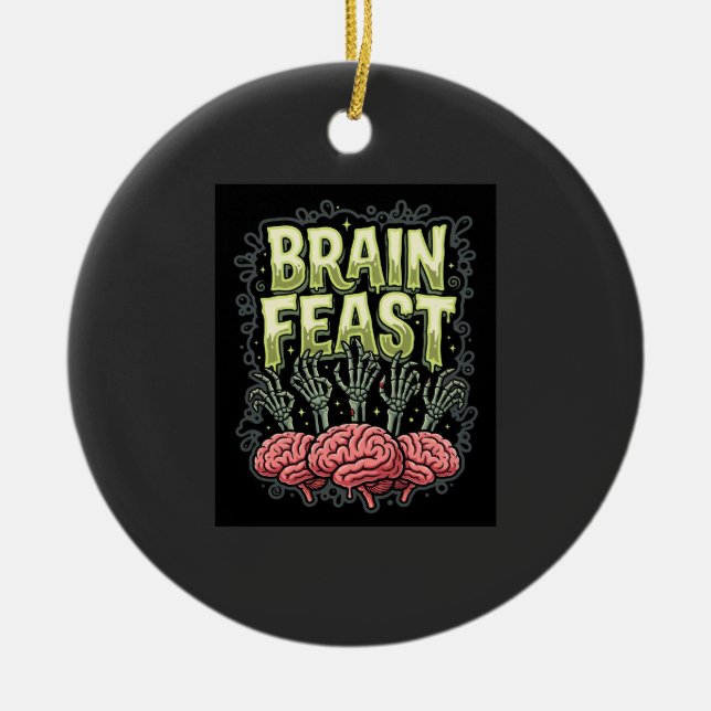 Halloween Brain Feast Zombie Hands Vector Design Ceramic Tree Decoration (Front)