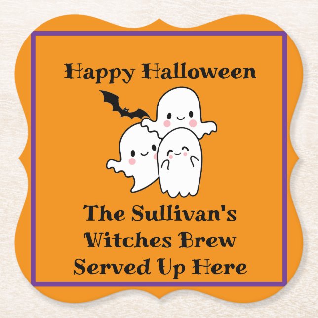 Halloween Brew Booze Personalise Ghost Bat Orange Paper Coaster (Front)