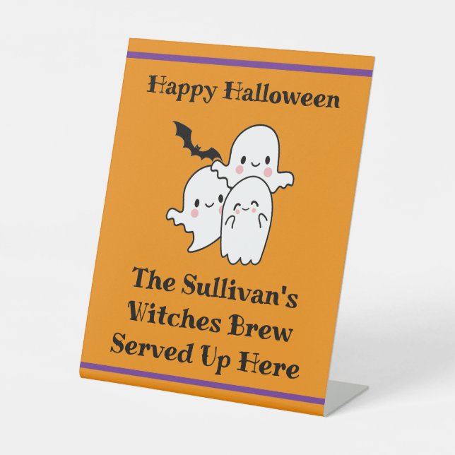 Halloween Brew Booze Personalise Ghost Bat Orange Pedestal Sign (Front)