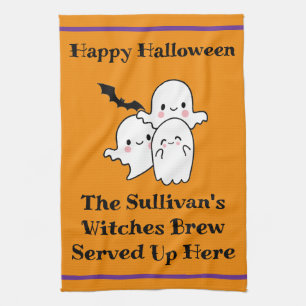 Halloween Brew Fun Ghost Bat Witch Orange Tea Towel