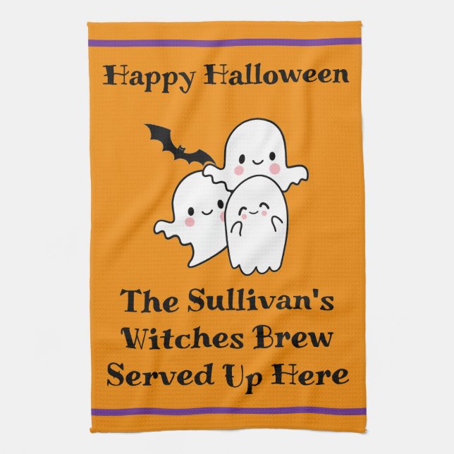 Halloween Brew Fun Ghost Bat Witch Orange Tea Towel (Vertical)