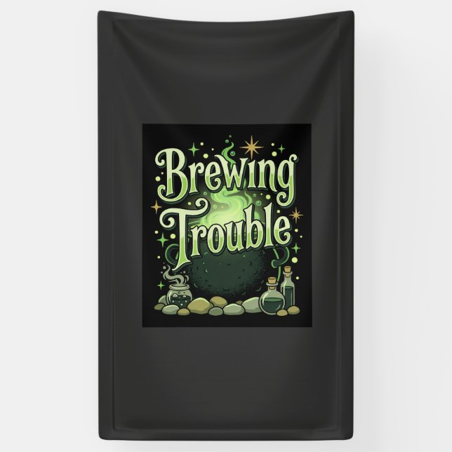 Halloween Brewing Trouble Witch Cauldron Potion De Banner (Vertical)