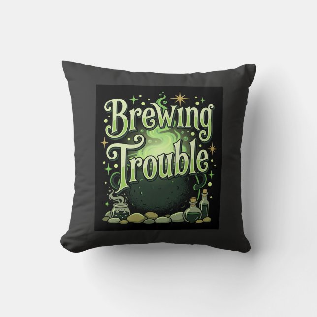 Halloween Brewing Trouble Witch Cauldron Potion De Cushion (Front)