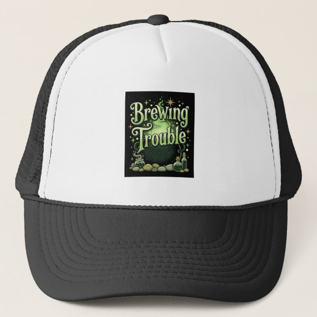 Halloween Brewing Trouble Witch Cauldron Potion De Trucker Hat (Front)