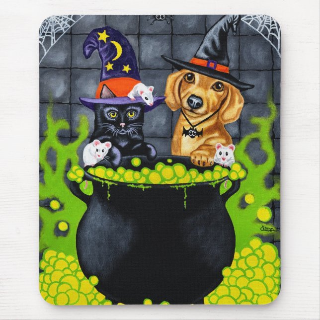 Halloween Brewing Up Trouble - Dachshund and Cat Mouse Mat (Front)