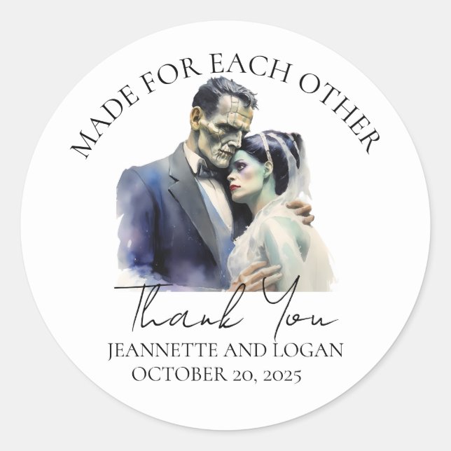 Halloween Bride Frankenstein Wedding Thank you  Classic Round Sticker (Front)